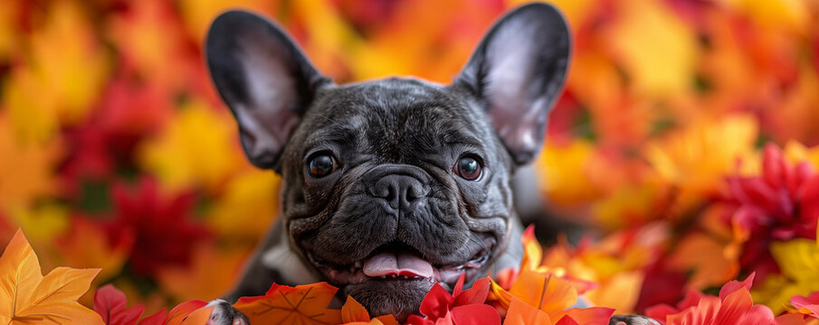 A joyful French Bulldog basks in the outdoor bliss, radiating happiness and carefree energy. Ideal for conveying the sheer joy and positive vibes that come with their playful nature.