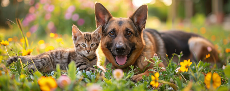 Outdoors, a cute kitten and a german shepherd sit side by side, showcasing heartwarming friendship between the two adorable companions. Perfect for pet-friendly content and capturing precious moments.