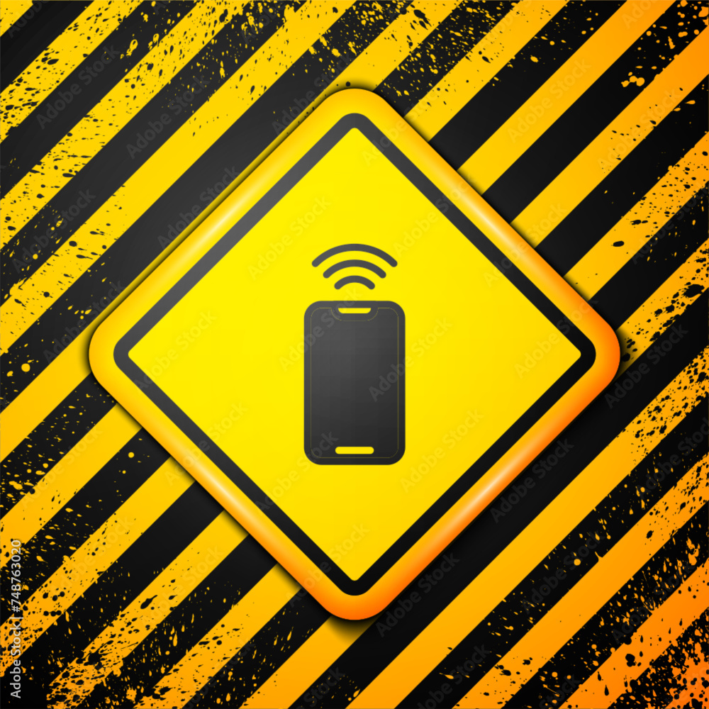 Poster black smartphone with free wi-fi wireless connection icon isolated on yellow background. wireless te