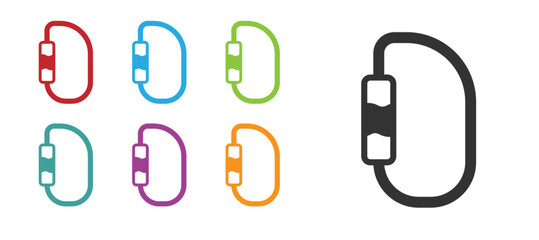 Black Carabiner icon isolated on white background. Extreme sport. Sport equipment. Set icons colorful. Vector