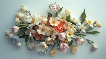 A bunch of spring flowers in a bouquet, view from top, light minimal background. Generative AI.