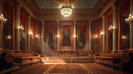 Obraz premium Crypto Regulation Debate Hall: A grand hall where avatars debate the pros and cons of crypto regulations.