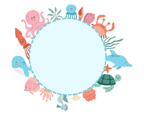 Sea animals in flat style vector round frame on a white background.