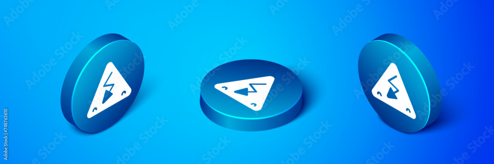 Sticker Isometric High voltage sign icon isolated on blue background. Danger symbol. Arrow in triangle. Warning icon. Blue circle button. Vector