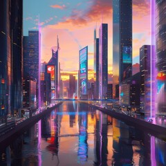 Fototapeta na wymiar Futuristic Cityscape at Sunset with Reflective Water