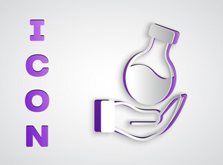 Paper cut Test tube and flask chemical laboratory test icon isolated on grey background. Laboratory glassware sign. Paper art style. Vector