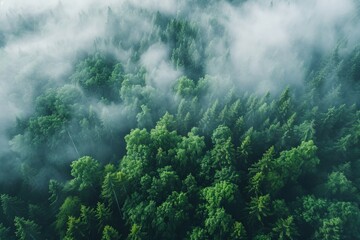 Fog in forest aerial view