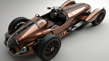 A sleek, copper-hued roadster with intricate brass detailing.