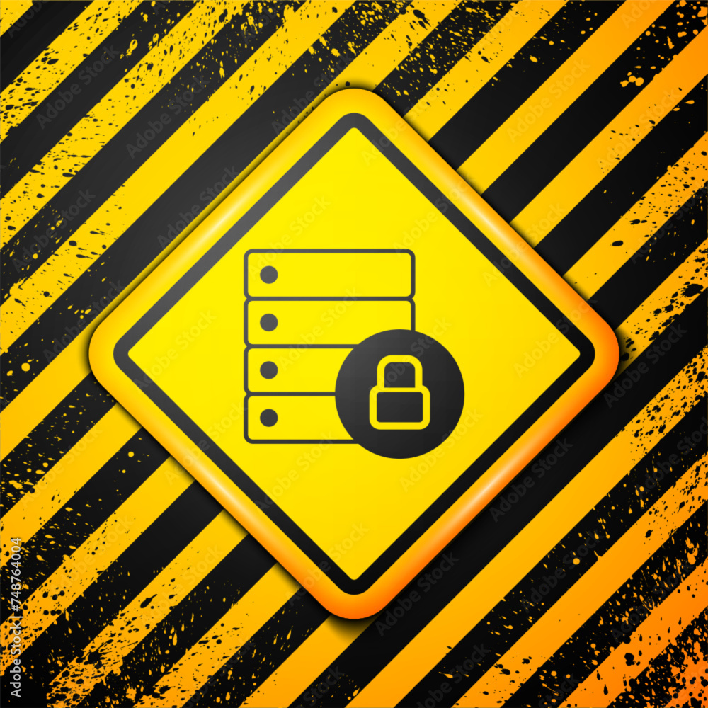 Poster black server security with closed padlock icon isolated on yellow background. database and lock. sec