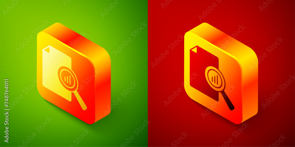 Poster isometric document with graph chart icon isolated on green and red background. report text file icon