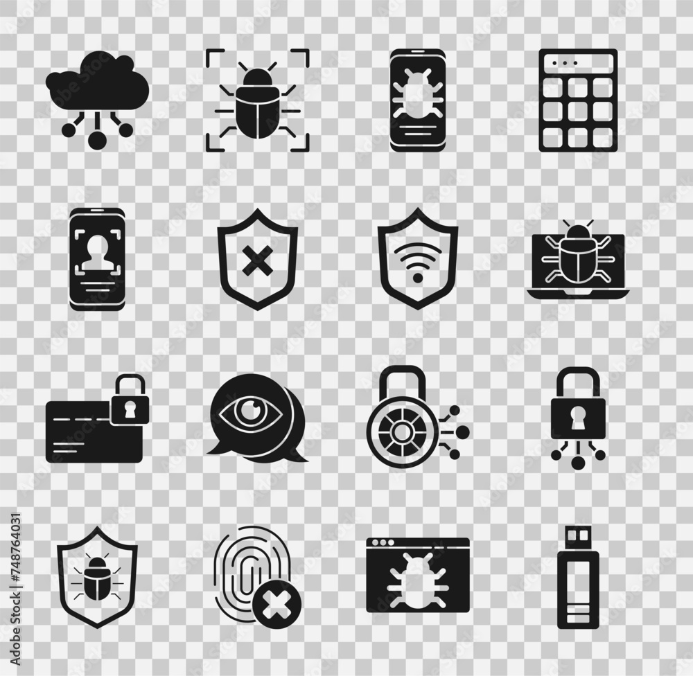 Poster set usb flash drive, cyber security, system bug on monitor, mobile, shield with cross mark, mobile a