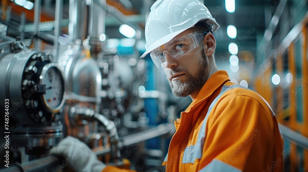 Poster Maintenance worker with orange overalls and white hard hat working on high tech equipment. Generative AI.
