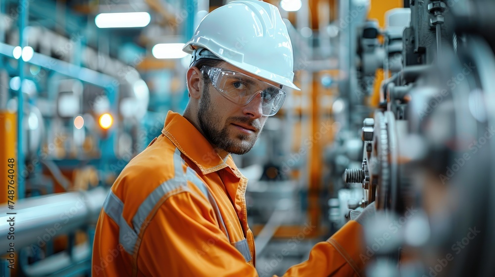Poster Maintenance worker with orange overalls and white hard hat working on high tech equipment. Generative AI.