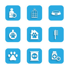 Set Pet house, Canned food, Bag of, Pets vial medical, Paw print, Collar with name tag, bowl and shampoo icon. Vector