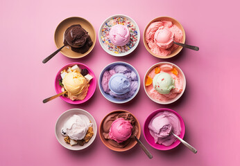 An assortment of ice cream. Various ice cream or gelato in cups on a pink background, Frozen yogurt in small lids is a healthy summer dessert.
