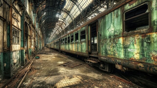 Dilapidated train cars sit idle, bearing witness to the depot's bygone glory days.