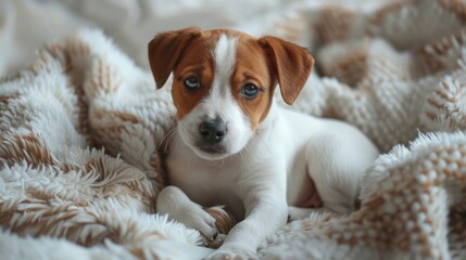 Funny moments: Funny little puppy on a white blanket. Generative Ai