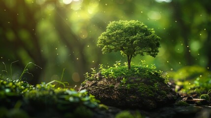 Crypto Backed Reforestation Token: Artistic representation of a digital token that directly contributes to reforestation efforts, with trees growing as the token's value increases. - obrazy, fototapety, plakaty