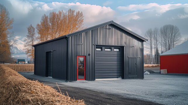 A small steel building with black walls. Generative AI.
