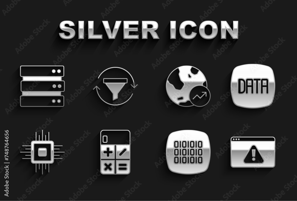 Poster set calculator, data analysis, browser with exclamation mark, binary code, processor cpu, financial 