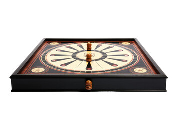 A wooden box with a dart piercing through it, showcasing precision and accuracy in a target game. The dart is firmly lodged in the center of the box, demonstrating skill and control in the throw.