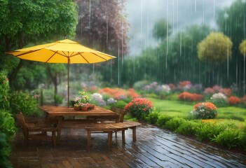 table and chairs in garden a beautiful rainy weather with umbrella 