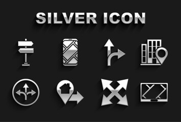 Naklejka premium Set Location with house, Gps device map, Road traffic sign, and City navigation icon. Vector