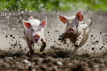 Two pigs running in a dirt at sunny day with splashes of mud. Neural network generated image. Not based on any actual scene or pattern.