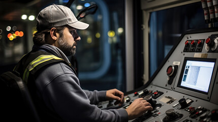 Subway train driver operating controls, focused, night shift