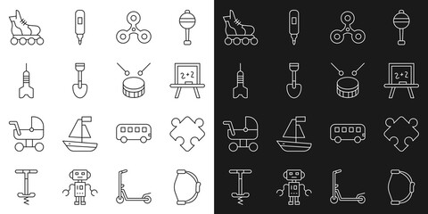 Set line Bow toy, Puzzle pieces, Chalkboard, Fidget spinner, Shovel, Dart arrow, Roller skate and Drum with drum sticks icon. Vector