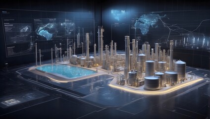 Oil production infrastructure merges with virtual data in a wide holographic display, detailing storage capacity and market trends with futuristic precision Generative AI