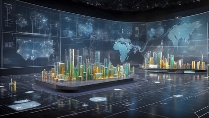 Oil production infrastructure merges with virtual data in a wide holographic display, detailing storage capacity and market trends with futuristic precision Generative AI