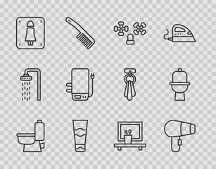 Set line Toilet bowl, Hair dryer, Water tap, Tube of toothpaste, Female toilet, Electric boiler, Washbasin mirror and icon. Vector