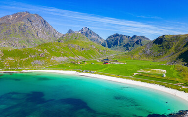 Insanely beautiful landscape at Lofoten Islands, Norway with Vik beach and crystal clear water of...