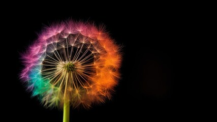 A dandelion of bright colors on a black background.