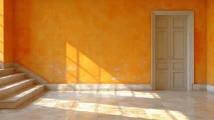 Sunlit Orange Wall with Door and Stairs