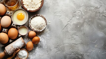 Ingredients: flour, sugar, butter, milk, eggs for baking. Generative Ai - obrazy, fototapety, plakaty