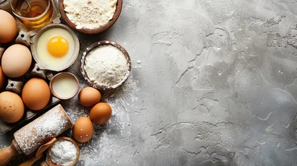 Fototapete Brot Ingredients: flour, sugar, butter, milk, eggs for baking. Generative Ai