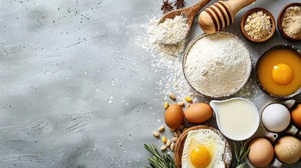 Gordijnen Ingredients: flour, sugar, butter, milk, eggs for baking. Generative Ai © Imran