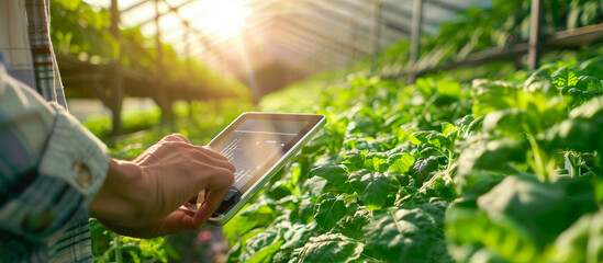 technology farm concept background. young farmer use tablet at greenhouse hydroponic farm