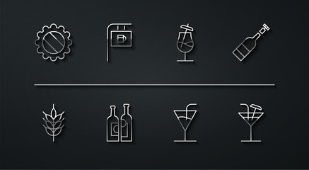 Set line Bottle cap, Hop, Opened bottle of wine, Cocktail, Bottles, Street signboard with Bar, and icon. Vector