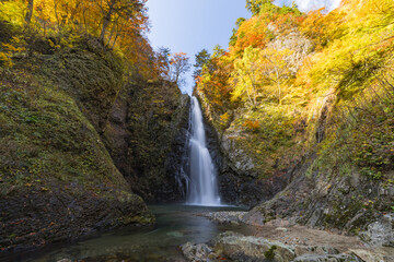 日本　青森県中津軽郡にある世界遺産、白神山地の暗門滝の第2の滝と紅葉