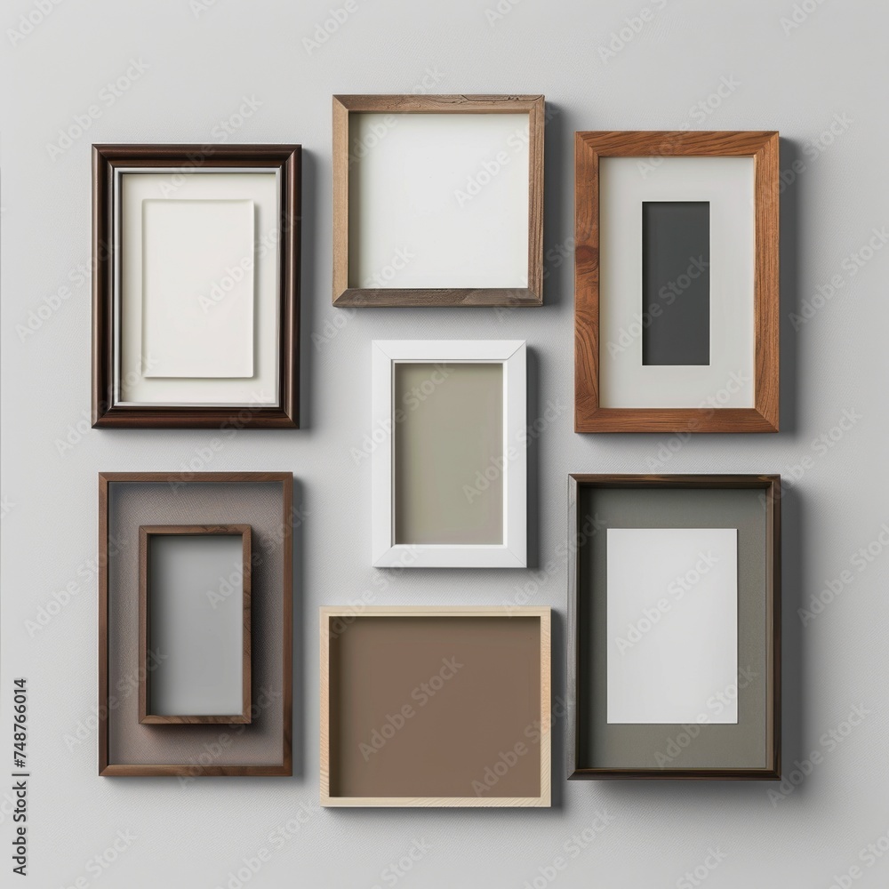 Fototapete a variety of empty picture frames arranged in a flat lay configuration on a plain backdrop.