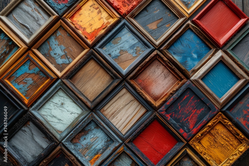 Poster an eclectically arranged collage of various picture frames, each filled with vibrant abstract artwor