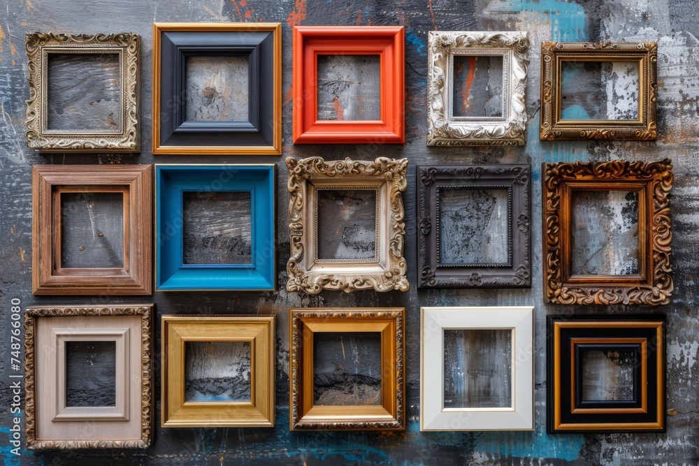 Poster a collection of empty picture frames with various designs and colors is arranged against an artistic
