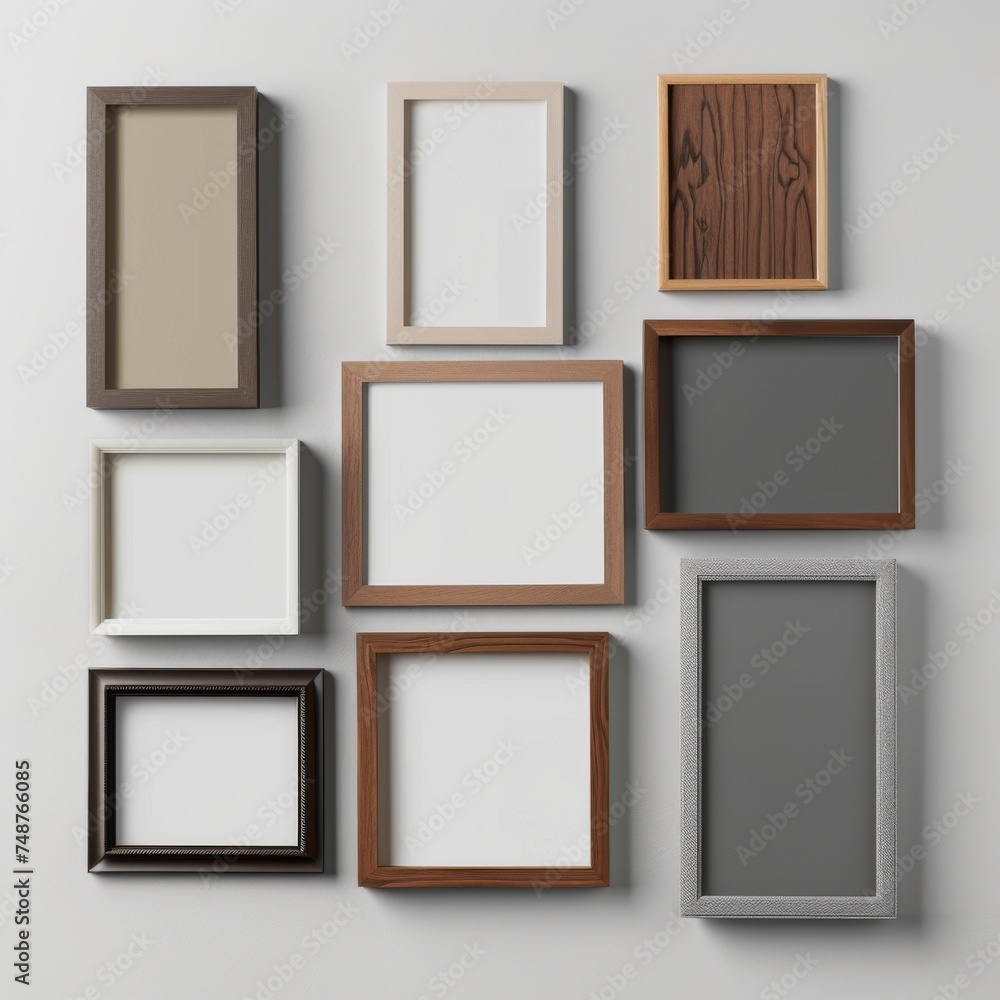 Aufkleber a variety of empty picture frames arranged in a flat lay configuration on a plain backdrop.