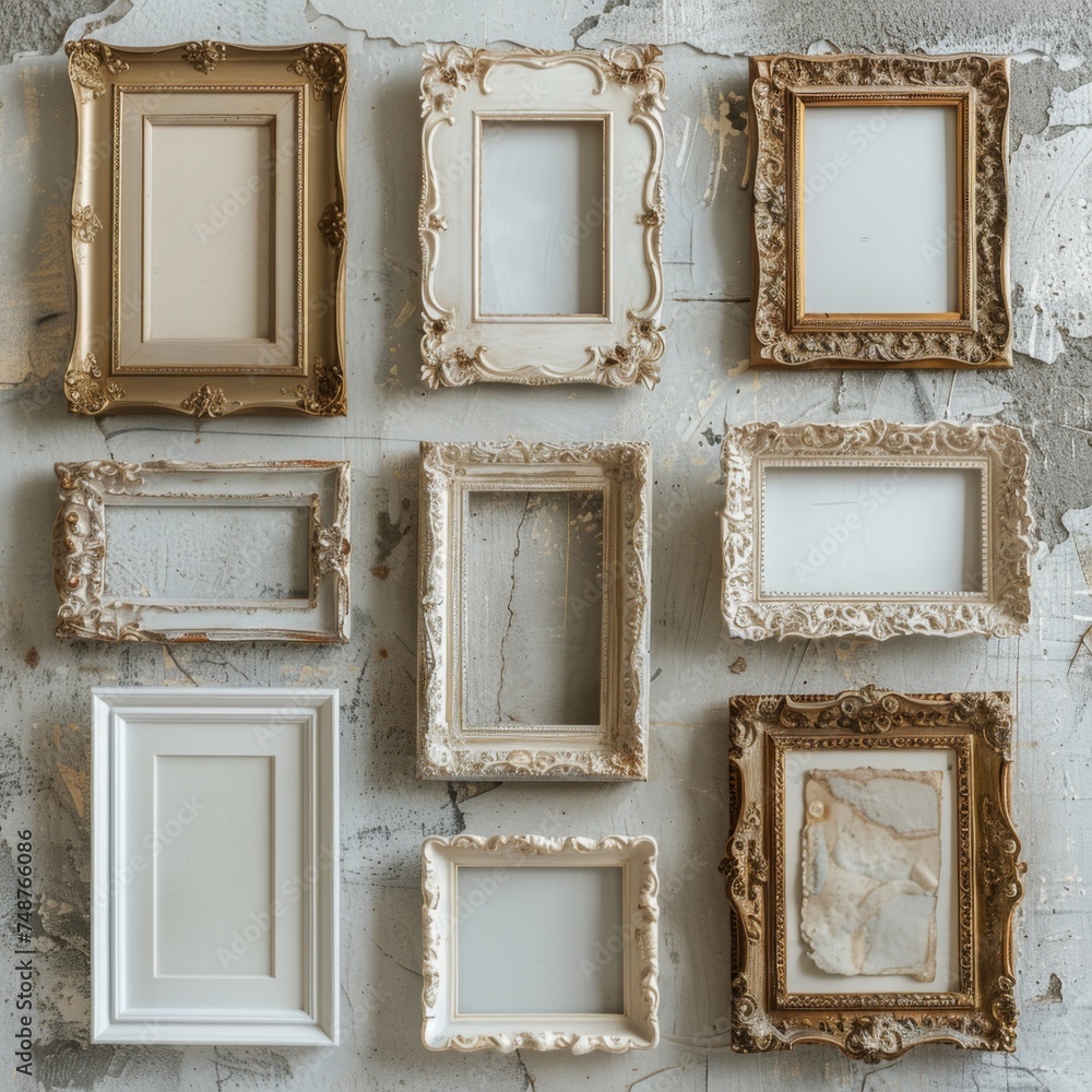 Poster a collection of ornate vintage picture frames in various shapes and sizes displayed on a pale wall, 