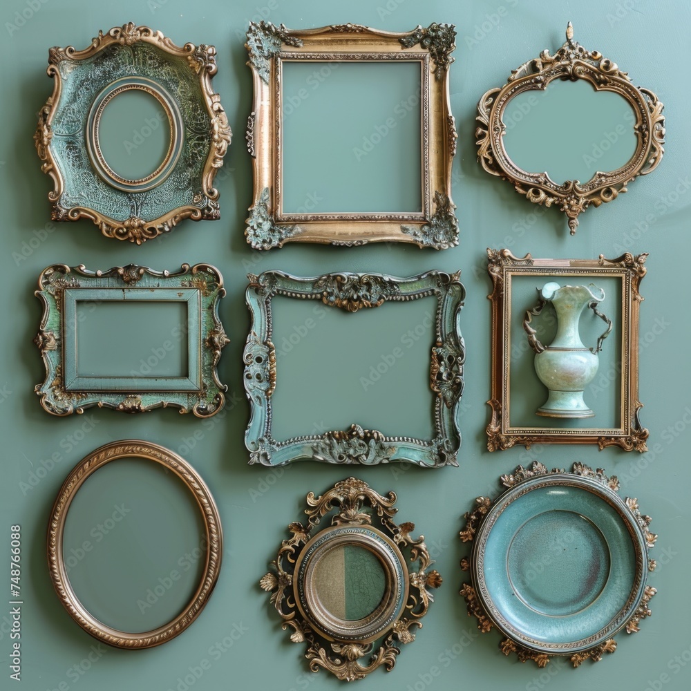 Poster a variety of ornate vintage picture frames displayed on a teal surface, showcasing an array of sizes