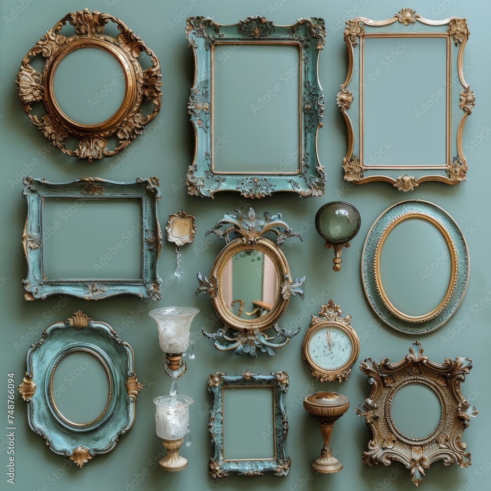 Poster a variety of ornate vintage picture frames displayed on a teal surface, showcasing an array of sizes