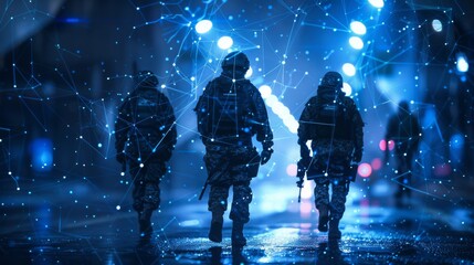Cyber Law Enforcement: Digital law enforcement officers patrolling a crypto transaction network.